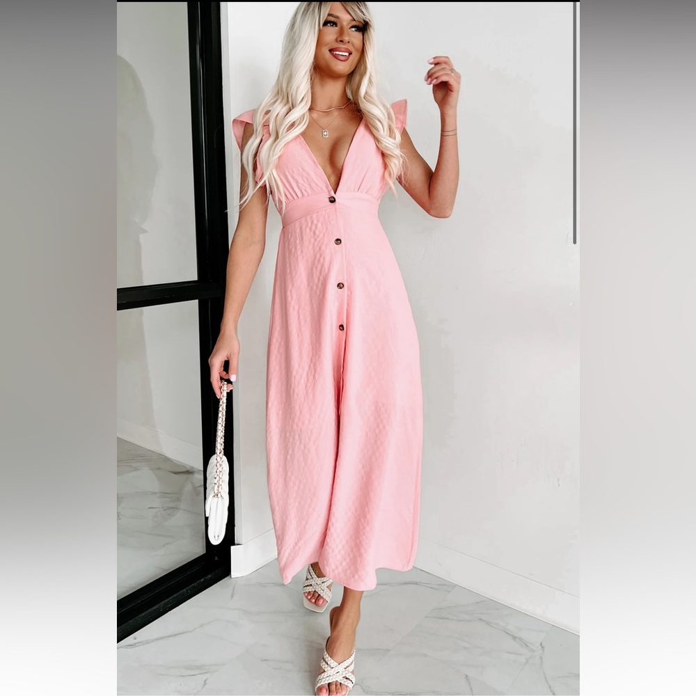 FLIRTING WITH SPRING V-NECK BUTTON FRONT MAXI (PINK)
